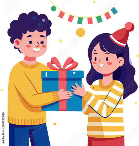 Brother giving gift box to sister wrapped in festive ribbon
