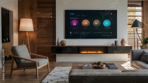 Modern living room interior with a smart home entertainment system and integrated electric fireplace