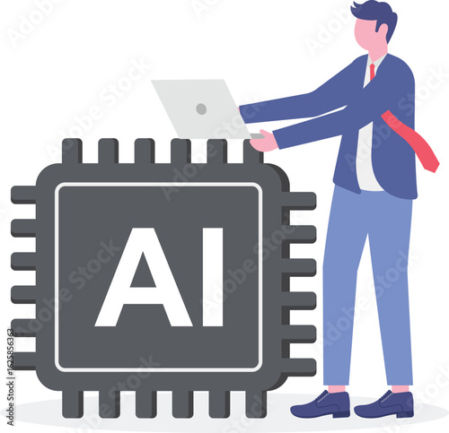 Woman works with computer laptop on AI artificial intelligence chip
