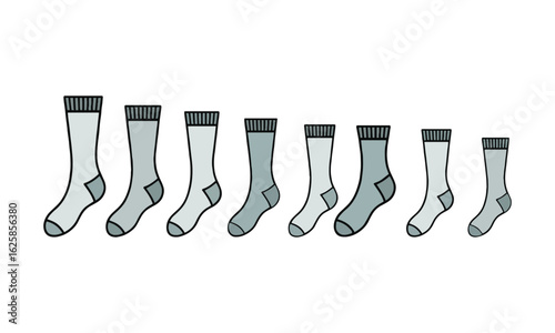 Scalable vector illustration displaying eight different types of socks arranged horizontally from longest to shortest,  high-high, knee-high, mid-calf, crew, ankle, low-cut, easily editable.