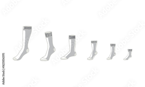 Scalable vector illustration displaying eight different types of socks arranged horizontally from longest to shortest,  high-high, knee-high, mid-calf, crew, ankle, low-cut, easily editable.