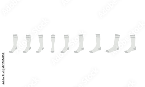 Scalable vector illustration displaying eight different types of socks arranged horizontally from longest to shortest,  high-high, knee-high, mid-calf, crew, ankle, low-cut, easily editable.