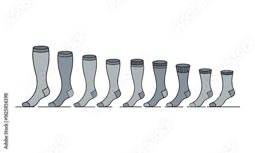 Scalable vector illustration displaying eight different types of socks arranged horizontally from longest to shortest,  high-high, knee-high, mid-calf, crew, ankle, low-cut, easily editable.
