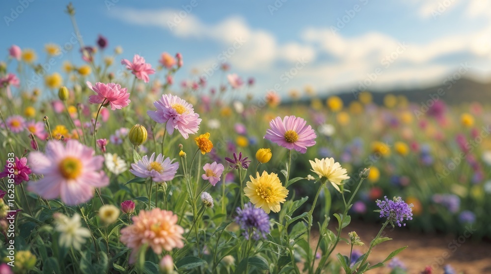 Obraz premium Colorful Wildflower Field in Bloom Under Blue Sky