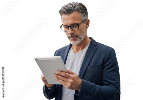  Serious handsome senior businessman using a tablet, isolated on a transparent background