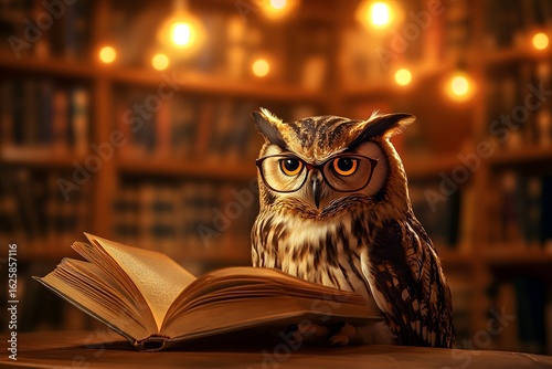 Wallpaper Mural owl wearing glasses and reading a book in a cozy library, warm lighting and human-like posture 
 Torontodigital.ca