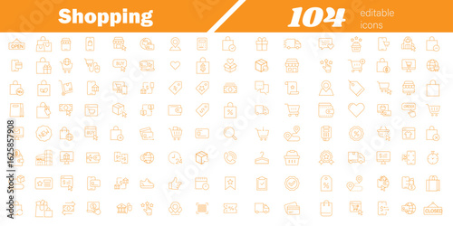 Shopping editable icon set-Vector illustration in thin line modern style of commerce related icons: costumer, store, buy, product, purchase-Business infographic orange line for mobile apps, web