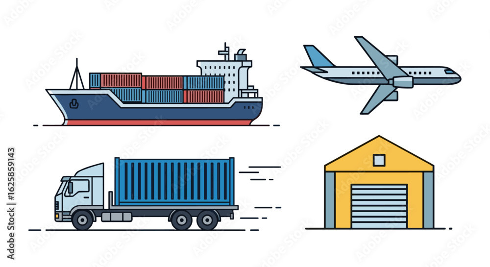 Fototapeta premium Diverse transportation methods including a cargo ship, airplane, truck, and warehouse represent global logistics and freight movement.
