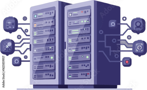 Modern Data Center Server Racks with Connected Network Devices and Data Flow Icons
