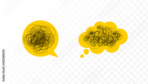 Isolated vector icons symbolizing a distracted mind, with tangled scribbles in thought bubbles representing confusion and anxiety.