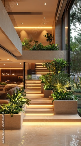 Modern Interior with Plant Decor and Warm Lighting in Home Space