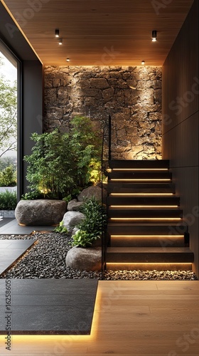 Modern interior staircase with stone wall and warm lighting design