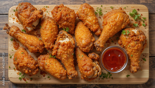Top view of spicy fried chicken drumsticks with ketchup and parsley on a wooden board.