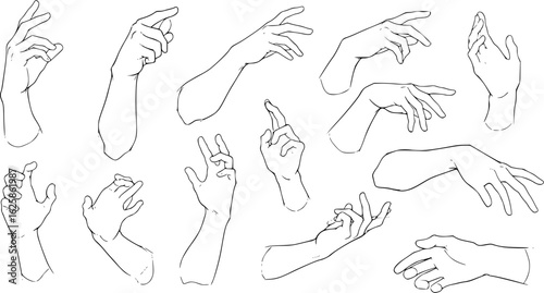 A series of sketches depicting various hand and arm positions, with a focus on dynamic poses and angles, minimalistic line art, pencil strokes, black and white