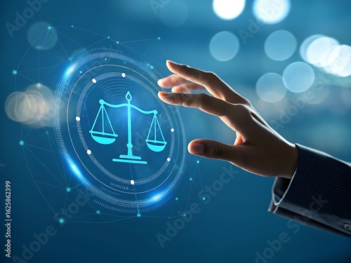 Hand interacting with glowing digital scales of justice symbolizing legal technology and fairness