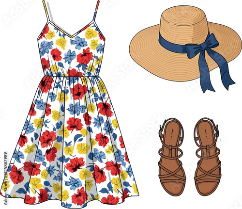Chic Summer Outfit Floral Sundress, Wide-Brimmed Hat, and Strappy Sandals for an Effortless Look