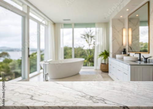 Illustration of marble countertop with blurred modern bathroom interior background