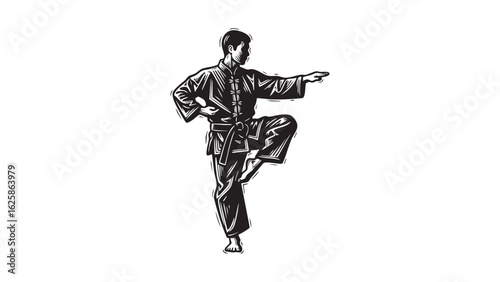Martial Arts Silhouette A Kung Fu Warrior in Motion Black and White Art Strong Stance Focused and