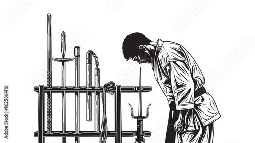 Martial Artist s Bow Respect Discipline and Ancient Weapons in Black and White Art silhouette