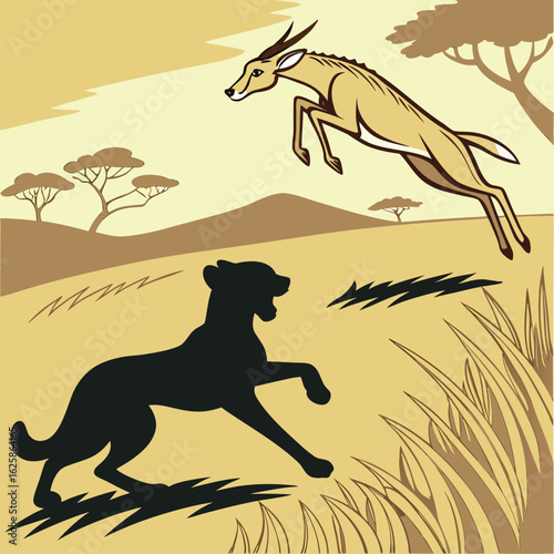 Dynamic vector illustration of a cheetah in pursuit of a deer across a scenic landscape