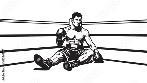 Boxing ring sadness boxer downtime defeat fighter illustration monochrome sport weariness silhouette