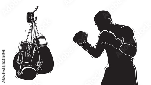 Boxing silhouette art fighter in stance gloves hanging Athlete shadow fitness fight vector art