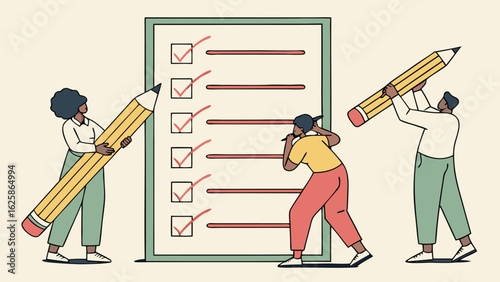 Teamwork, Checklist Completion: Diverse People with Giant Pencils Marking Tasks on a Large Checklist, Modern Line Art Style, Positive and Motivational Mood