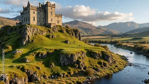 Majestic castle overlooks rolling green hills and winding river in stunning Scottish landscape