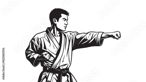 Karate Master Silhouette Action Pose Vector Art Martial Arts Training Black and White Punching