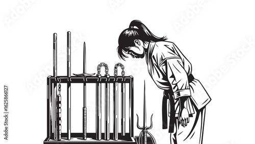 Martial Artist s Bow Woman in Gi with Weapons Rack Karate Dojo Anime Manga Black and silhouette