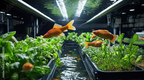 Vibrant Goldfish Swimming in Aquaponic Garden with Fresh Greens