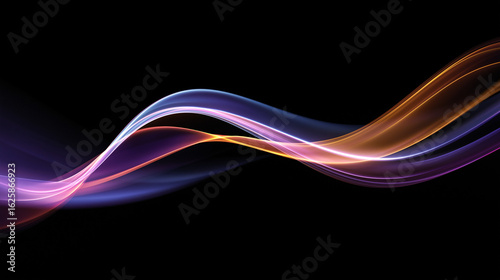 Vibrant light waves in purple, blue, and orange flowing on a black background, abstract motion effect ideal for tech, design, or advertising visuals.