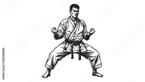 Strong martial artist stance man in karate gi ready for combat sports art vintage silhouette