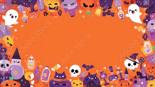 cute halloween cartoon border template, seamless pattern of kawaii ghosts, pumpkins, skulls, bats, spiderwebs, potion bottles, candy, witch hat and cat, vibrant orange and purple color scheme