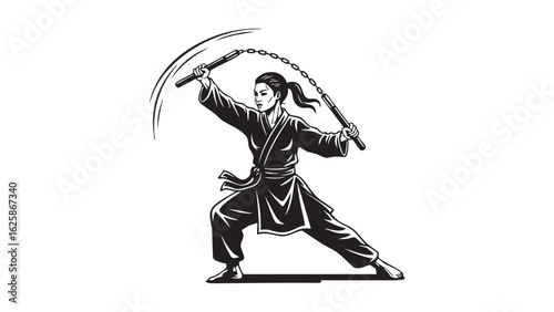 Martial Arts Master Nunchaku Silhouette Fight Stance Karate Training Defense Asian Warrior Black and
