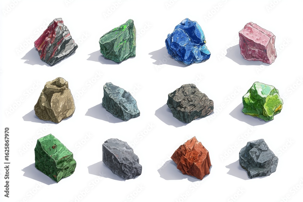 Naklejka premium Vibrant assortment of fantasy game tiles boasting distinctive stone and crystal patterns for level creation