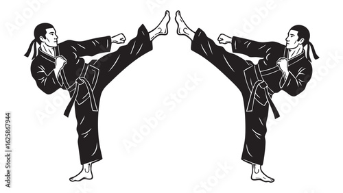 Martial Arts Mastery Silhouette Dynamic Kick Focus Strength and Symmetry Black and White Vector
