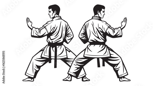 Karate symmetry stances drawing martial arts dojo defense practice black belt uniform silhouette