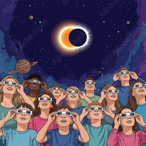 A diverse crowd of people in safety glasses watching a total solar eclipse in a stylized cosmic sky. An astronomical event illustration.