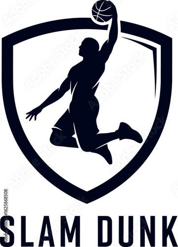 Basketball player slam dunk silhouette inside a shield emblem, a dynamic sports team logo vector design