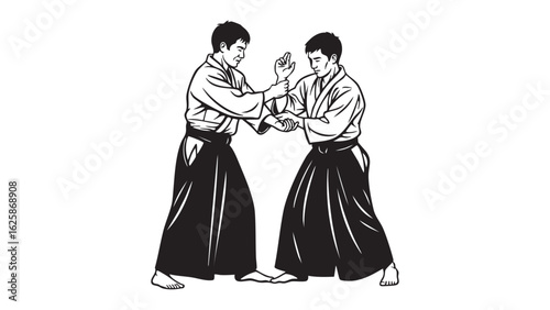 Aikido Practice Martial Arts Silhouette of Two Fighters Training with Precision and Focus Techniques