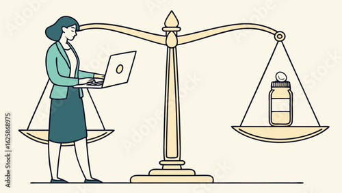 Businesswoman Weighing Online Data Against Pharmaceutical Product; Modern Line Art Style; Balanced Decision Concept