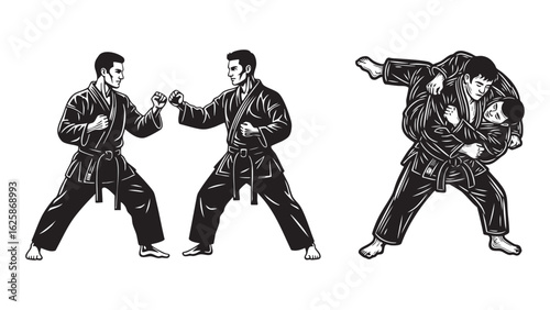 Martial Arts Black Belt Action Fight Stance Judo Takedown Self Defense Sport Concept silhouette