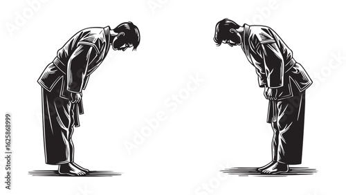 Two martial artist silhouettes bow in traditional greeting honoring each other in illustration
