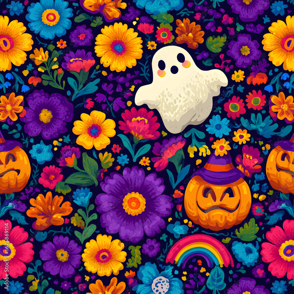 Obraz premium Retro 70s 60s Hippie Groovy Halloween Ghost Flower Rainbow vector seamless pattern. Flower power peace sign shades witch hat spook background. Trippy dancing ghost surface design.