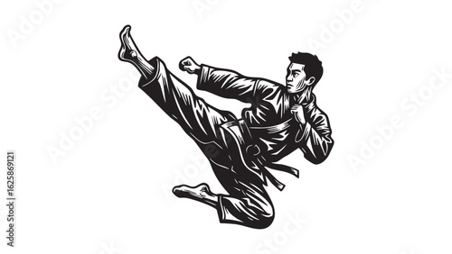 Martial Arts Silhouette Karate Master Mid Air Kick Action Vector Art Combat Sport Illustration Black