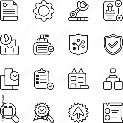 A collection of hand drawn outline icons representing various business and technology concepts including documents settings automation user profiles and security measures for digital platforms