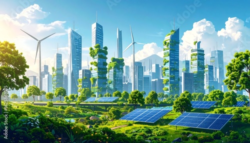 Fototapeta Naklejka Na Ścianę i Meble -  Eco-friendly futuristic city with renewable energy