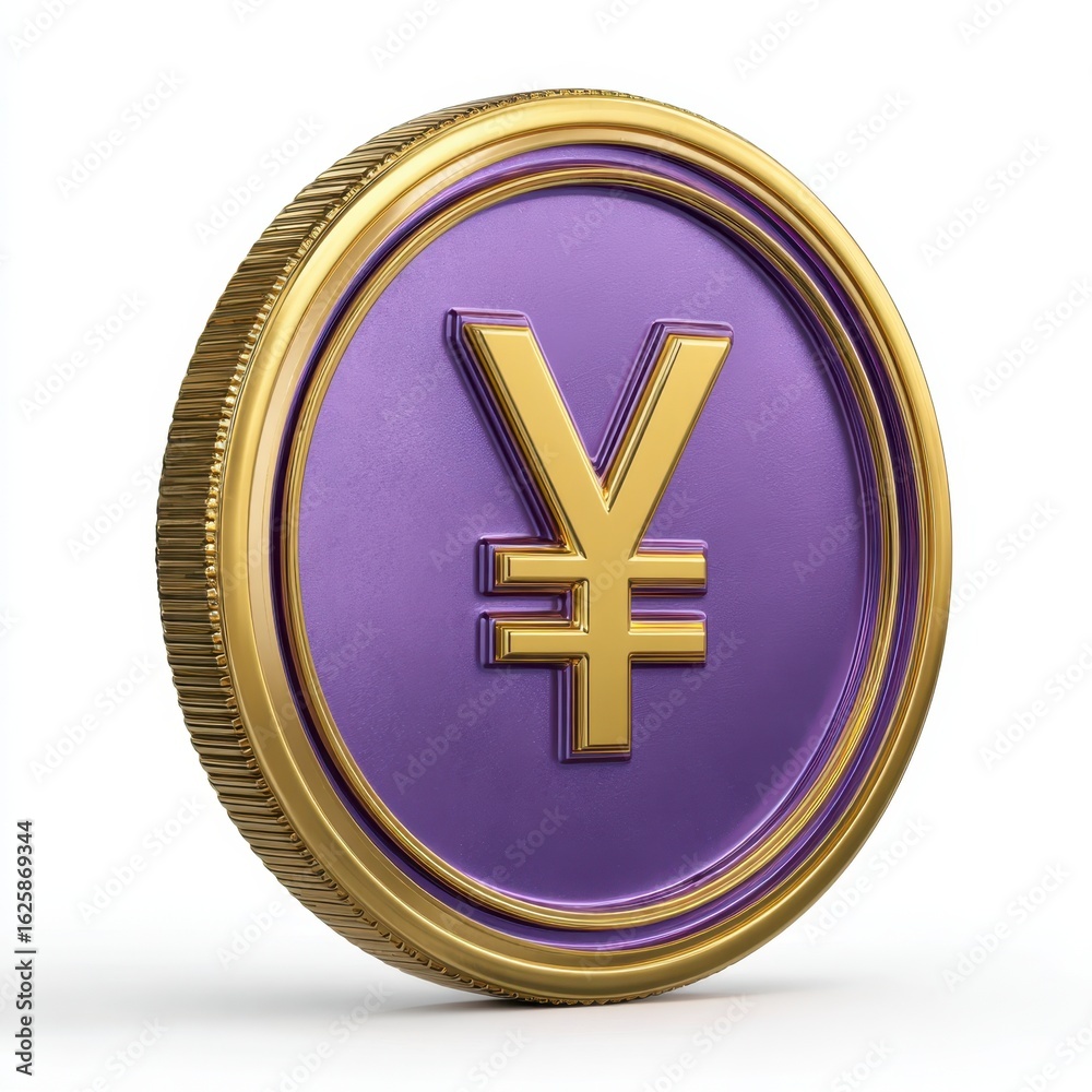 Obraz premium Gold coin with purple yen symbol isolated on white background