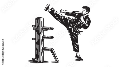 Wing Chun Champion Training Silhouette Martial Arts Mastery Kung Fu Techniques Wooden Dummy